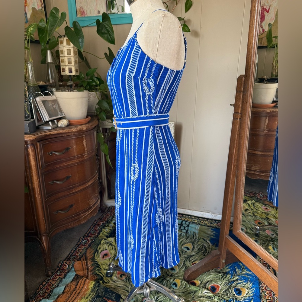 New Look Blue Floral Striped Rope Nautical Midi Dress, size L - Picture 2 of 6